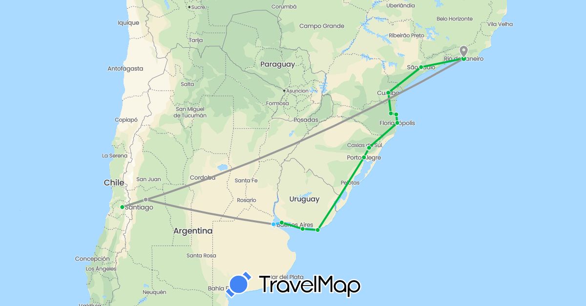 TravelMap itinerary: driving, bus, plane, boat in Argentina, Brazil, Chile, Uruguay (South America)